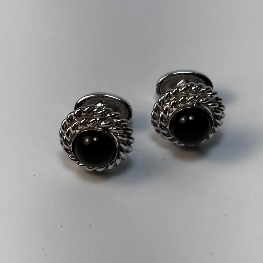 Vintage Cuff Links Silver Tone‎ Black Stone Elegant Mid Century